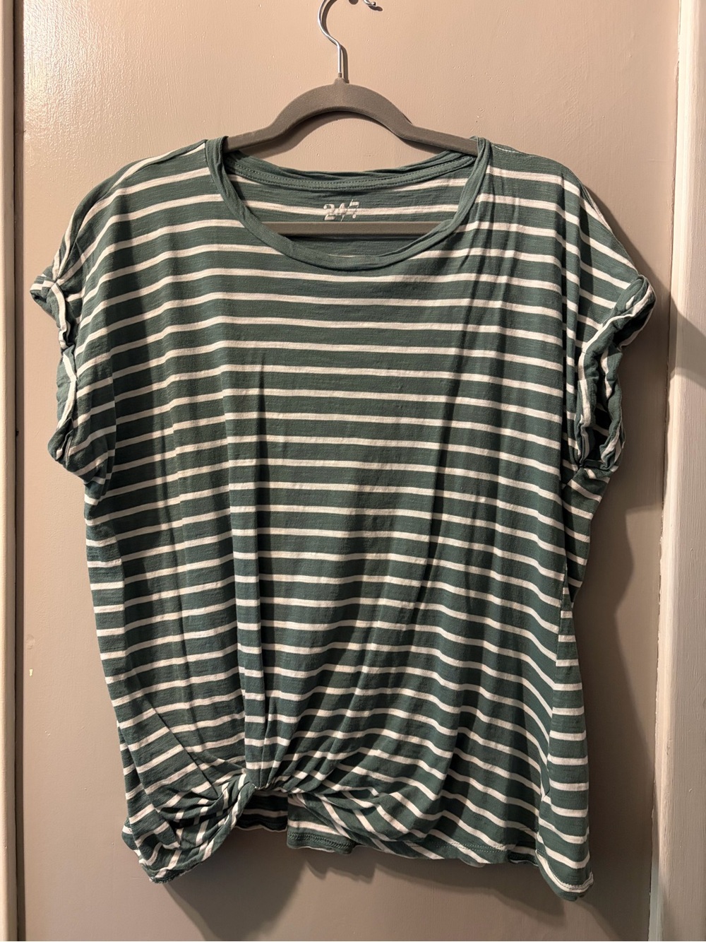Maurices Green & White Striped Knot-Front Short Sleeve Tee